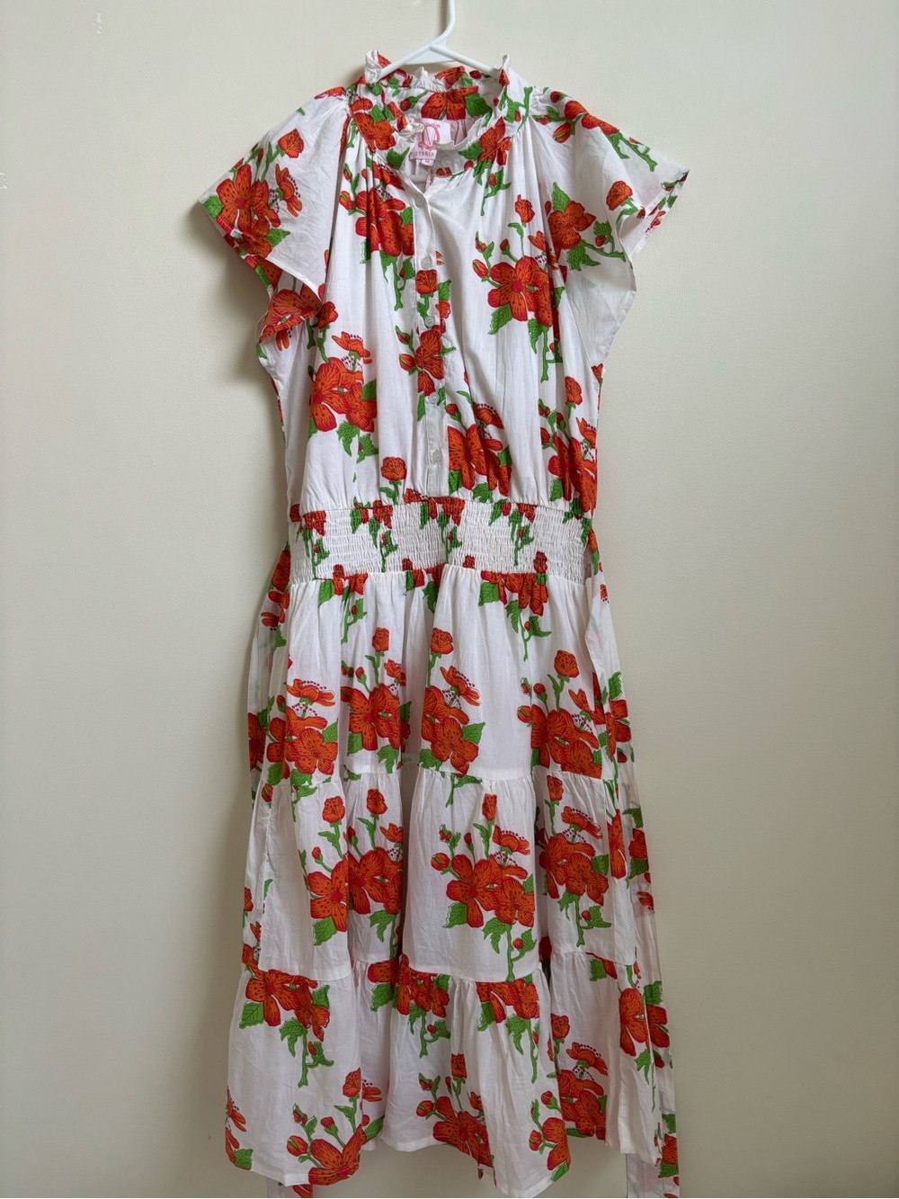 Victoria Dunn White Midi Dress with Red Floral Print